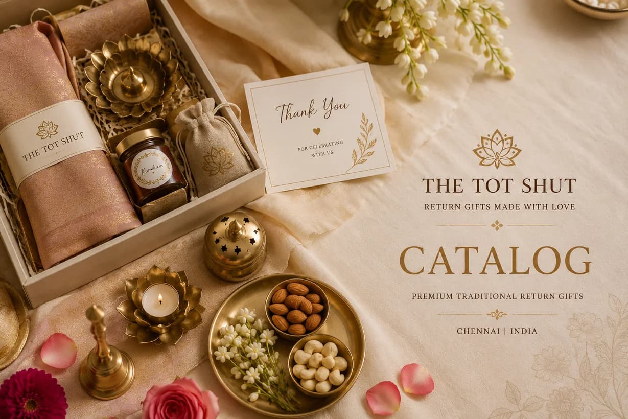 A Tots Hut hamper laid out — brass lotus diya, kumkumam jar, silk blouse piece and a hand-lettered thank-you card